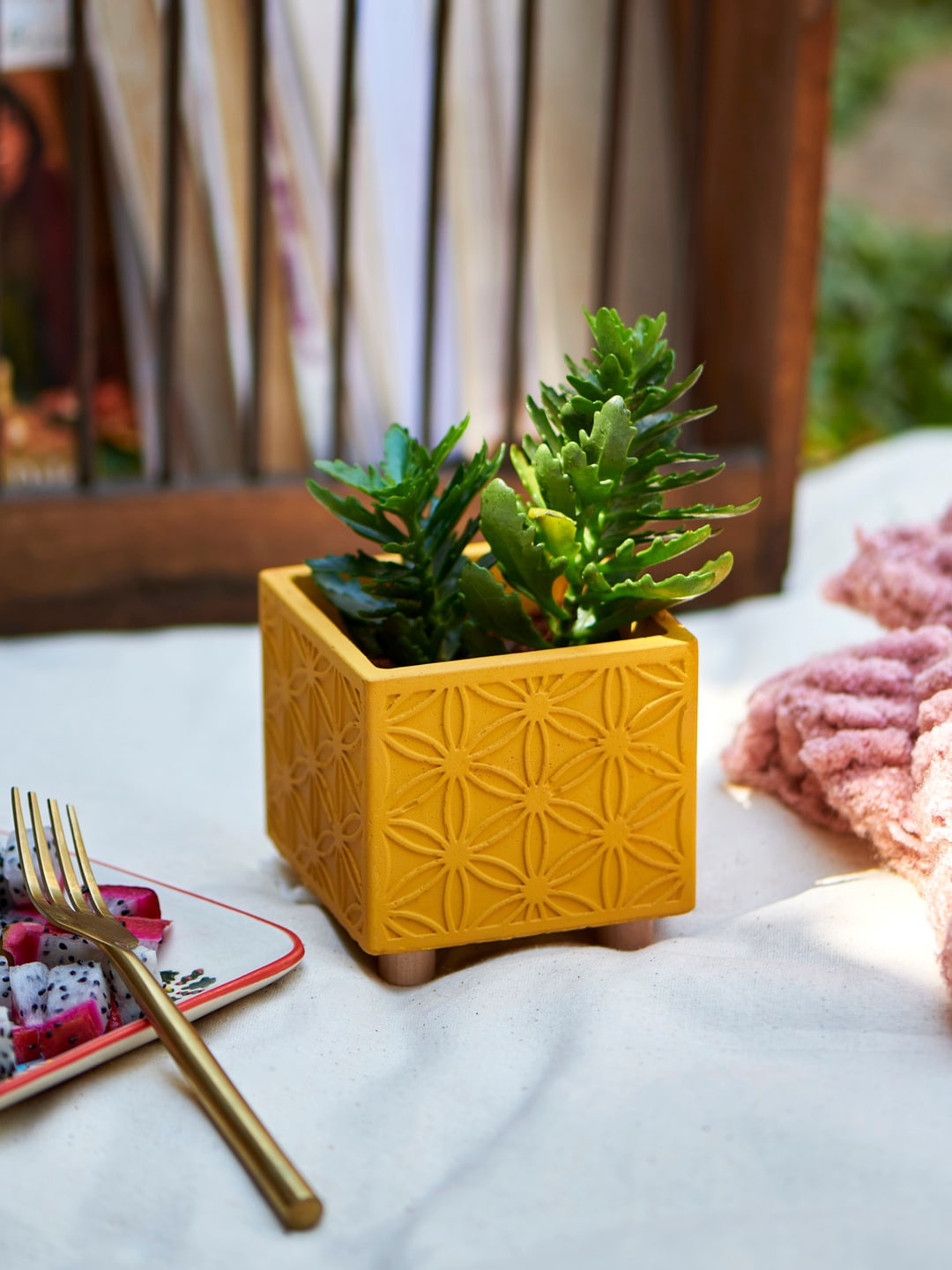 

Chumbak Mustard Yellow Carved Square Planter With Legs