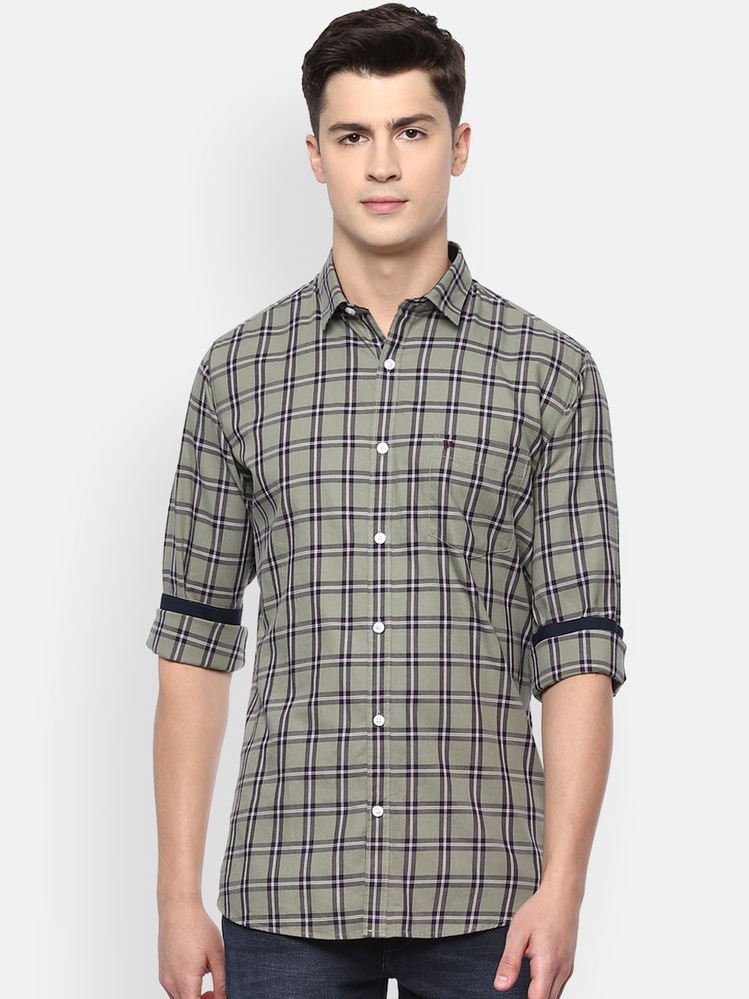 

Van Heusen Sport Men Olive Green Slim Fit Checked Cotton Casual Shirt