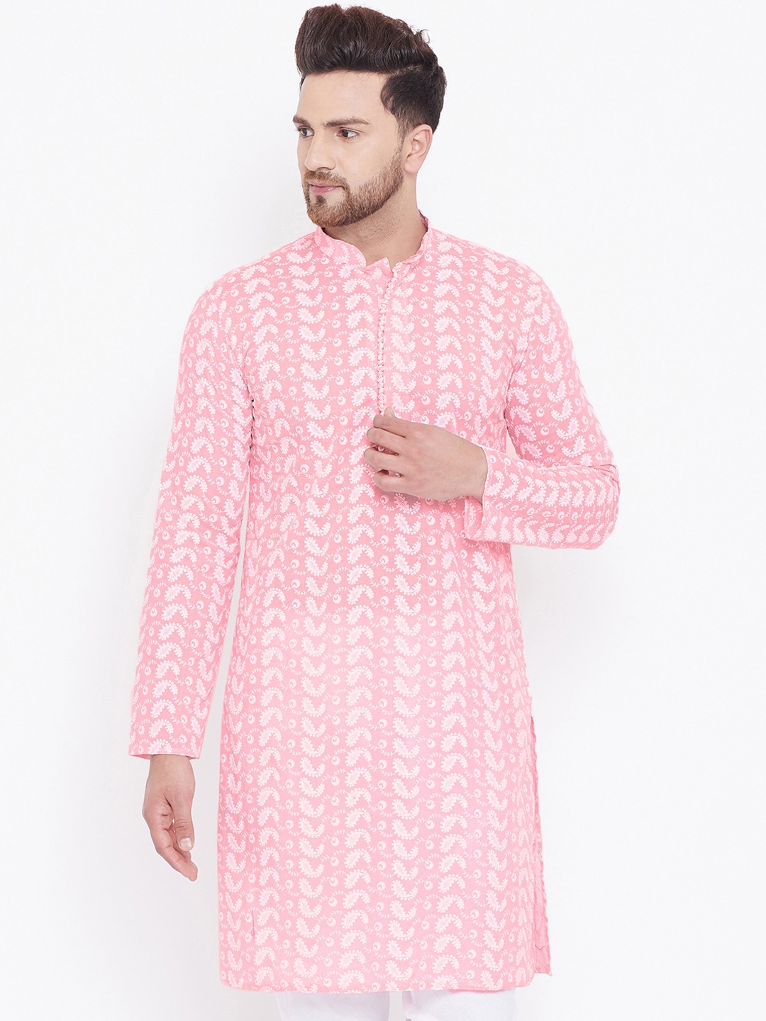 

VASTRAMAY Men Pink & White Ethnic Motifs Embroidered Chikankari Cotton Kurta