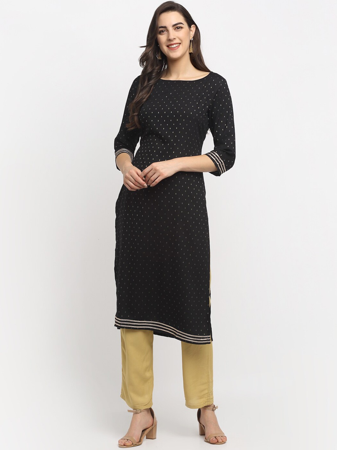 

Rudra Bazaar Women Black Self Design Kurti with Trousers