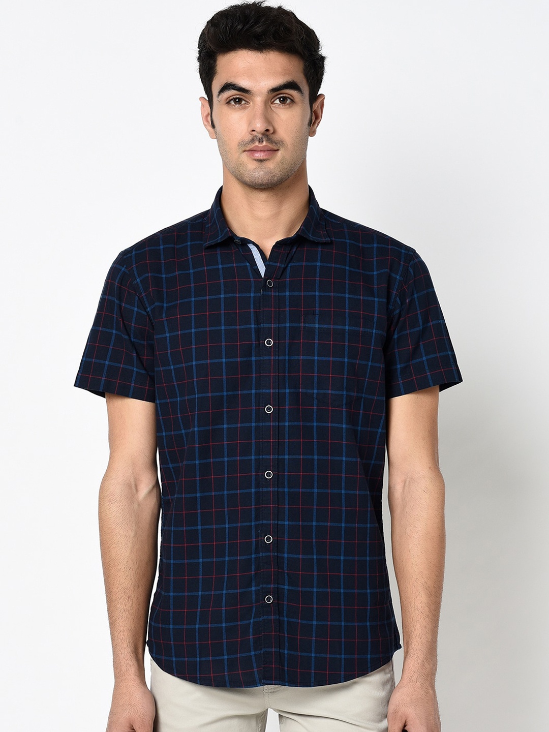 METTLE Men Navy Blue Regular Fit Checked Casual Shirt