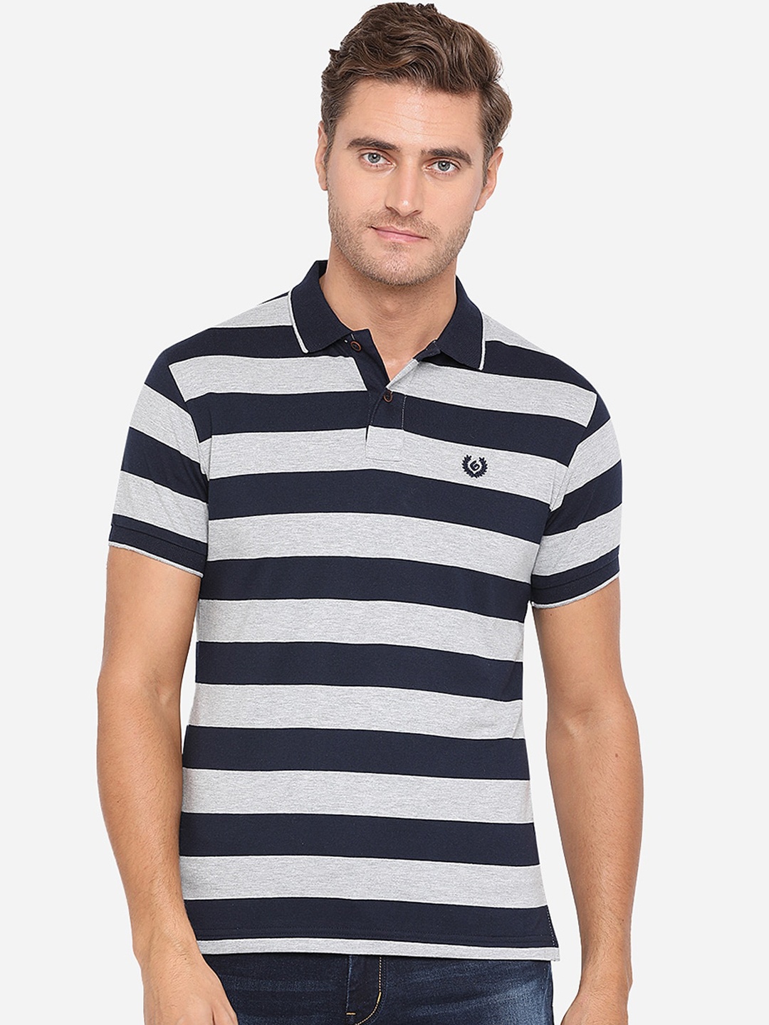 

Greenfibre Men Blue & Grey Striped Polo Collar T-shirt