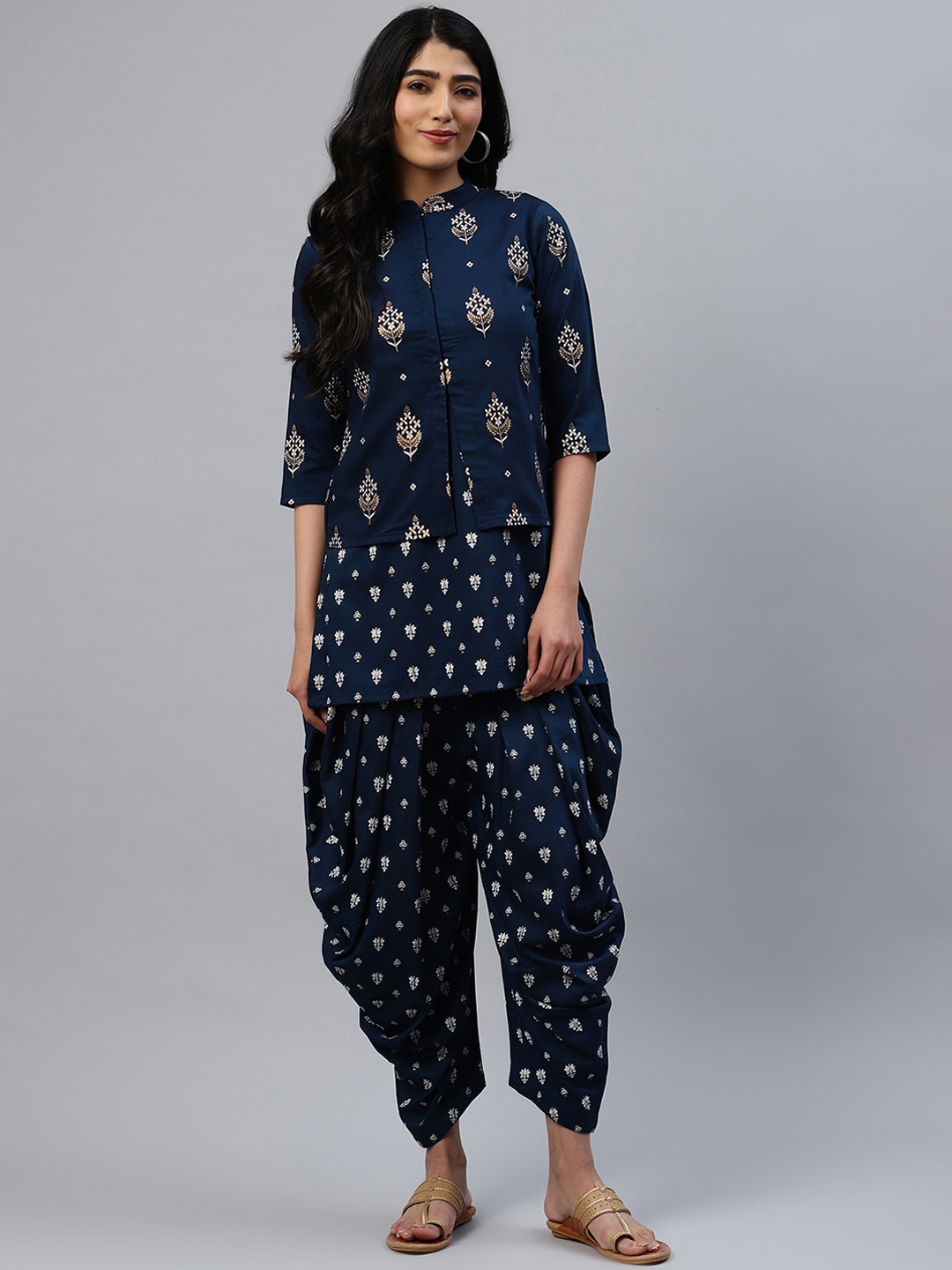 

Libas Women Blue & White Printed Kurti with Dhoti Pants & Ethnic Jacket