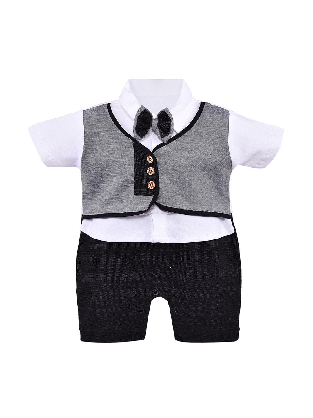 

Wish Karo Infant Boys Black & White Colourblocked Cotton Waist Coat Applique Rompers