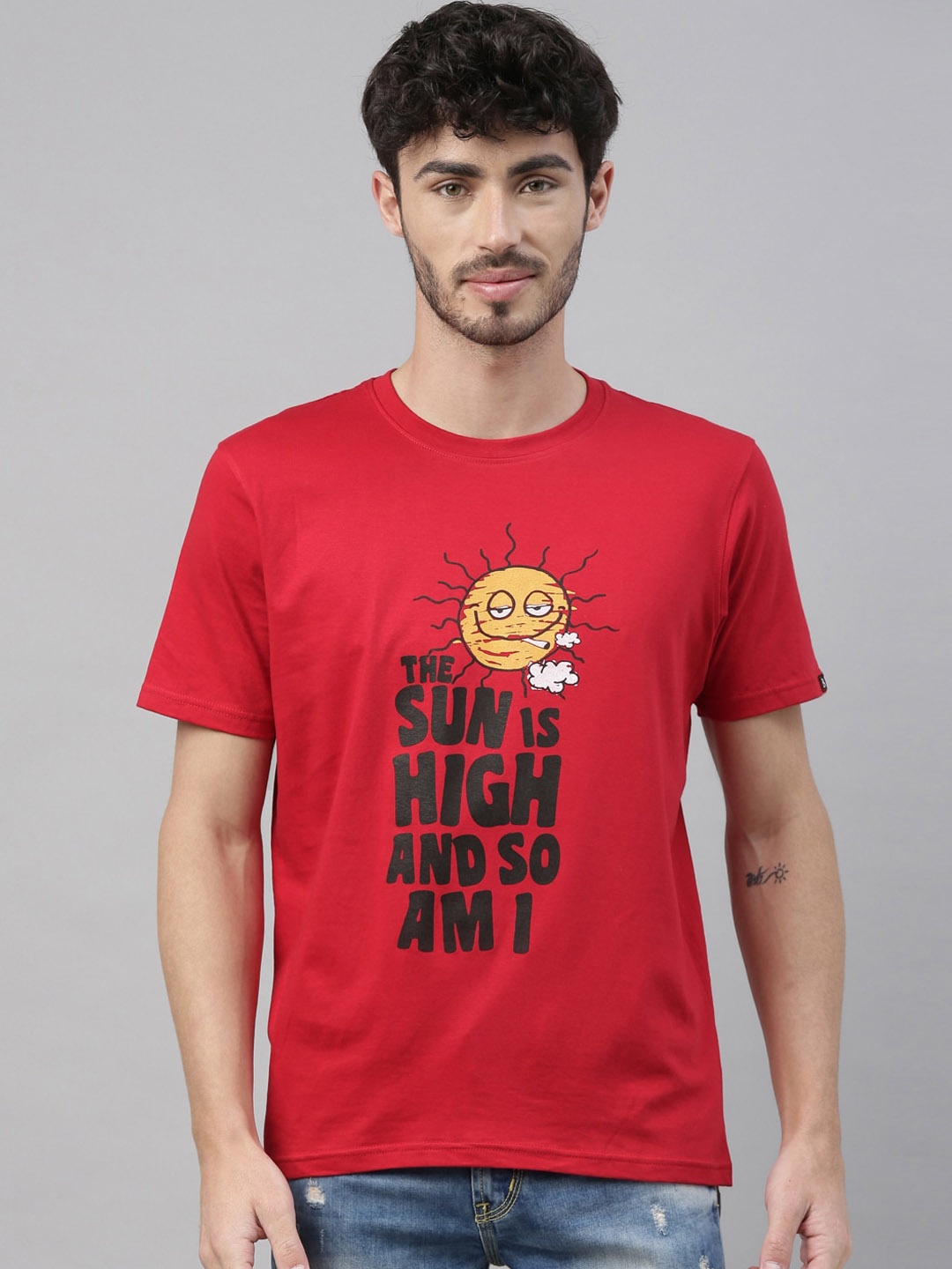 

Bushirt Men Red Printed Round Neck Cotton Pure Cotton T-shirt