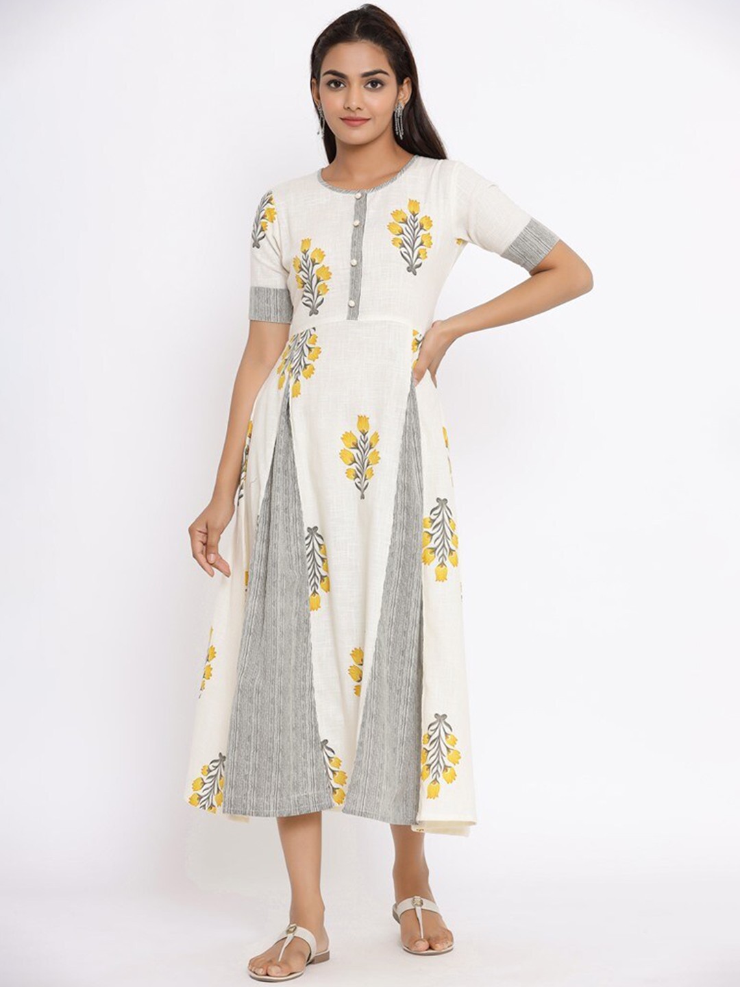 

FABRIC FITOOR Women Off-White & Yellow Printed A-Line Dress