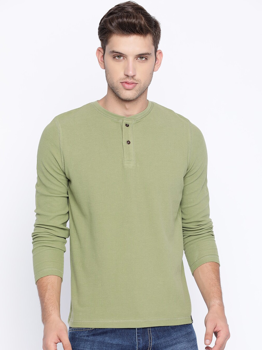 

Basics Men Green Solid Muscle Fit Cotton Henley Neck T-shirt