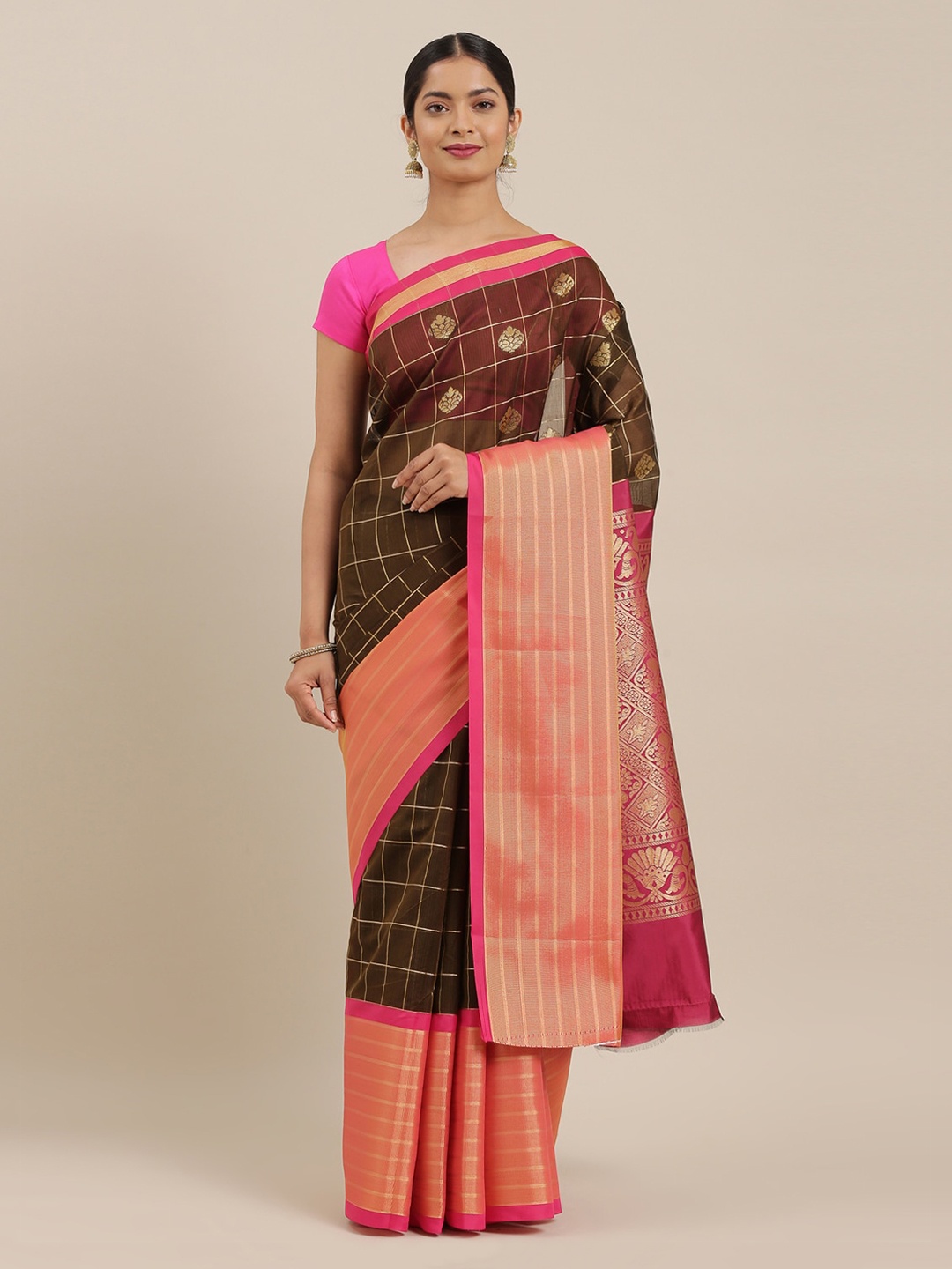 

The Chennai Silks Brown Silk Cotton Checked Maheshwari Saree