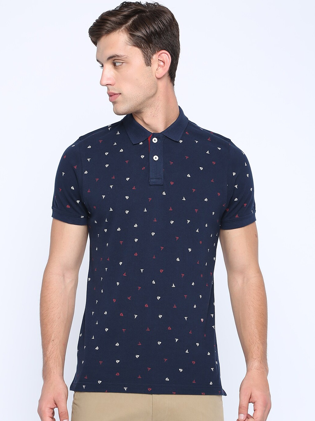 Basics Men Navy Blue Printed Polo Collar T-shirt