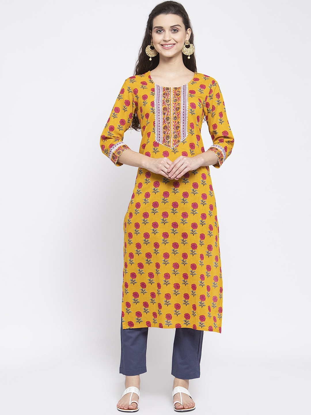 

ANAISA Women Mustard Yellow Ethnic Motifs Printed Floral Kurta