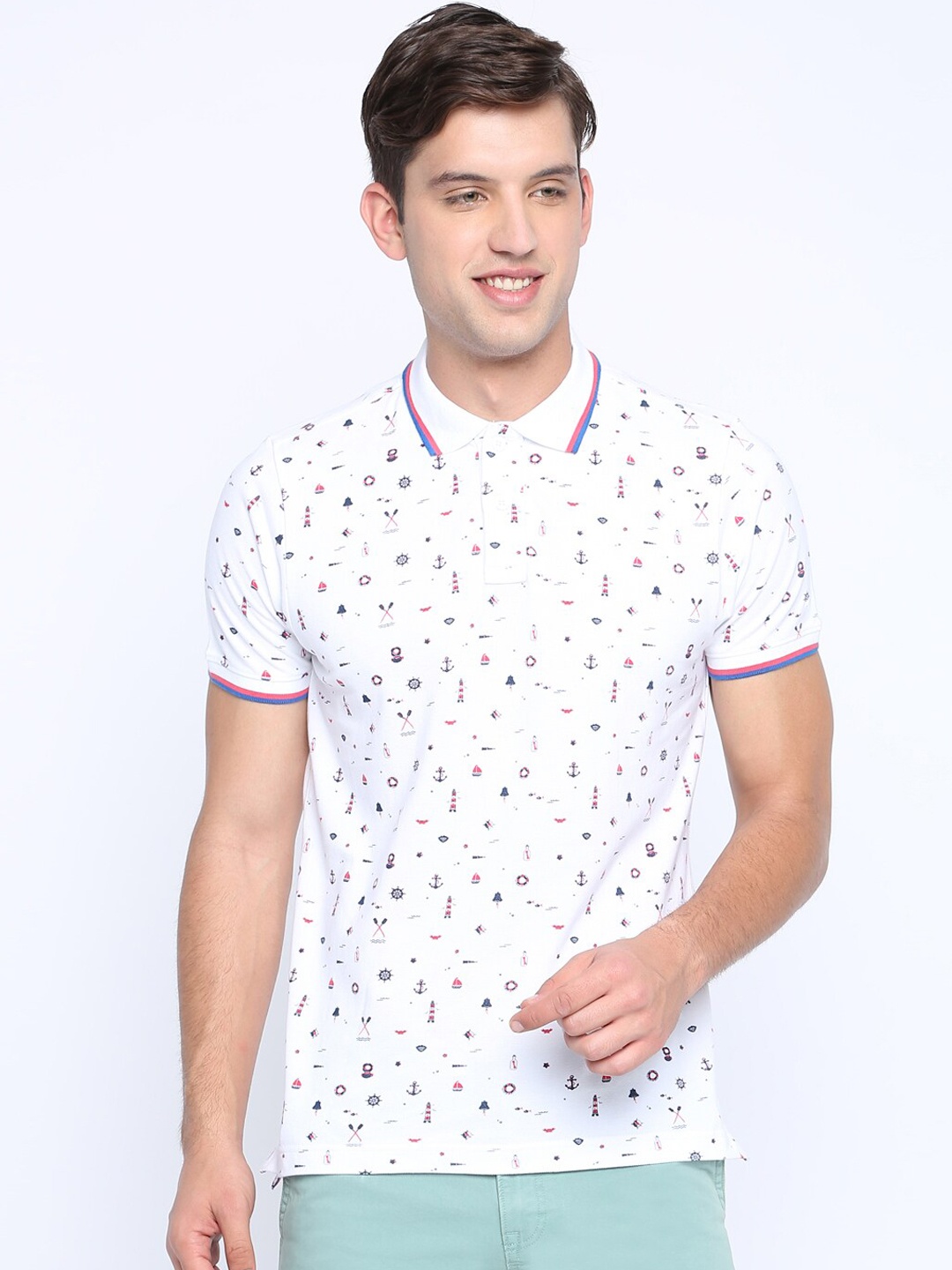 Basics Men White Printed Polo Collar Cotton T-shirt