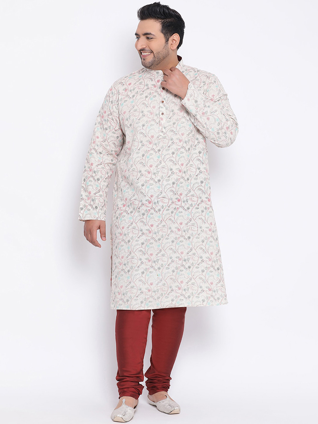 

KISAH PLUS Men White & Maroon Printed Kurta with Churidar