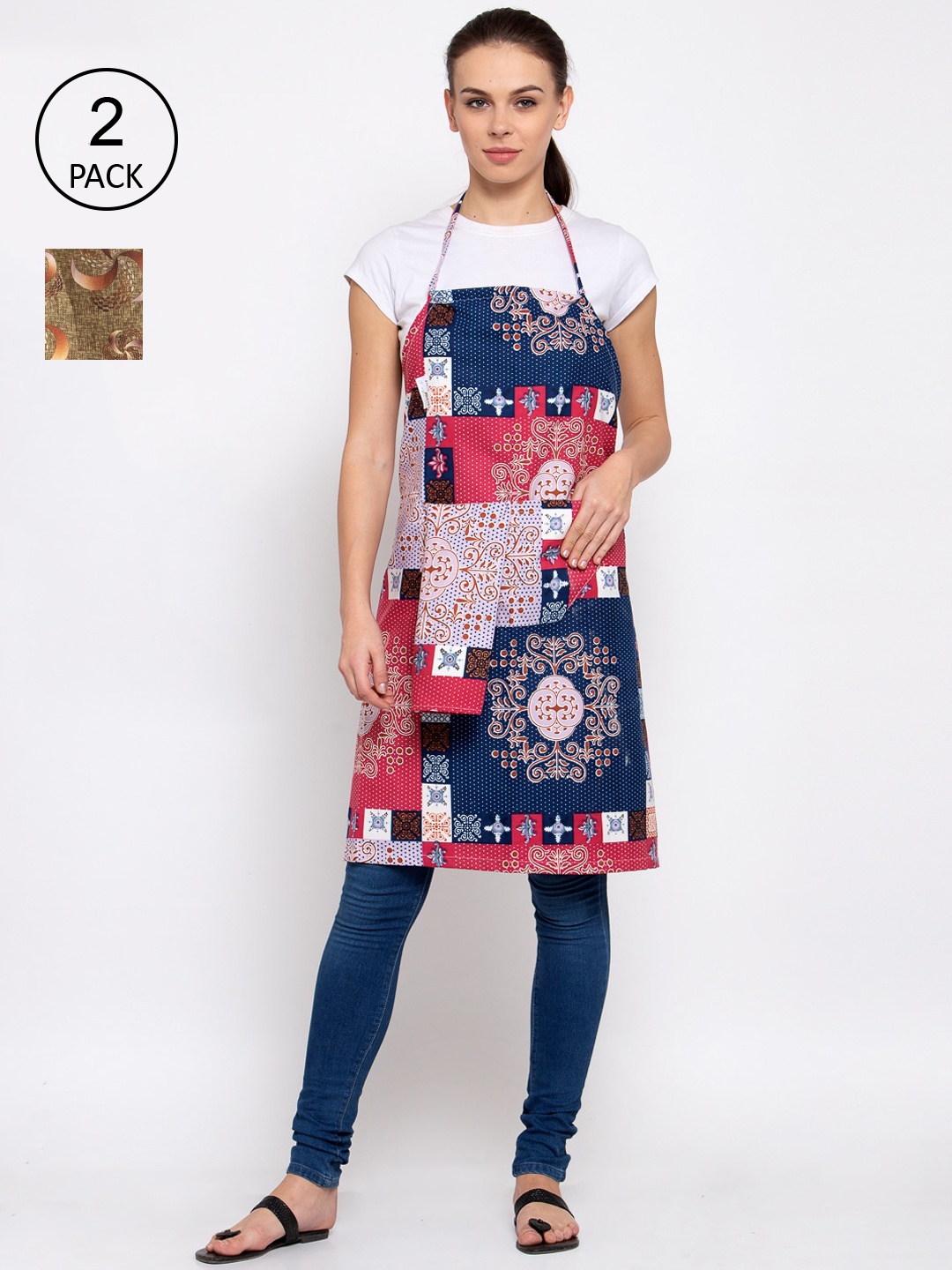

KLOTTHE Pack Of 2 Printed 210 TC Cotton Aprons, Navy blue