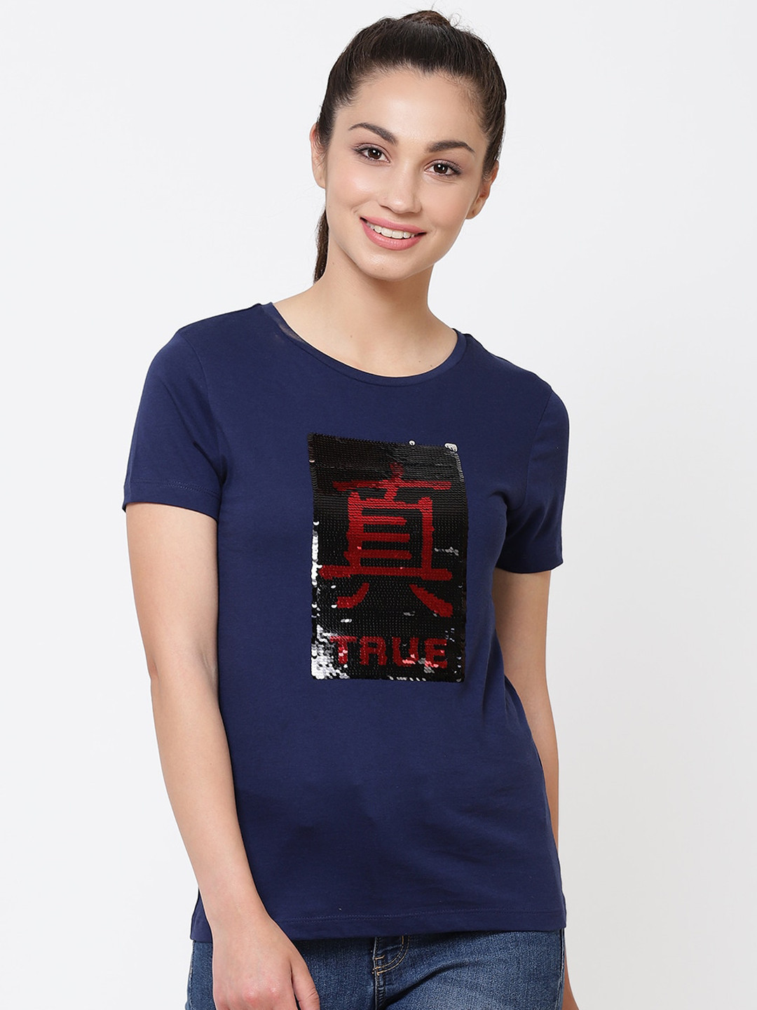 

Free Authority Women Blue Mulan Printed Round Neck Cotton Pure Cotton T-shirt
