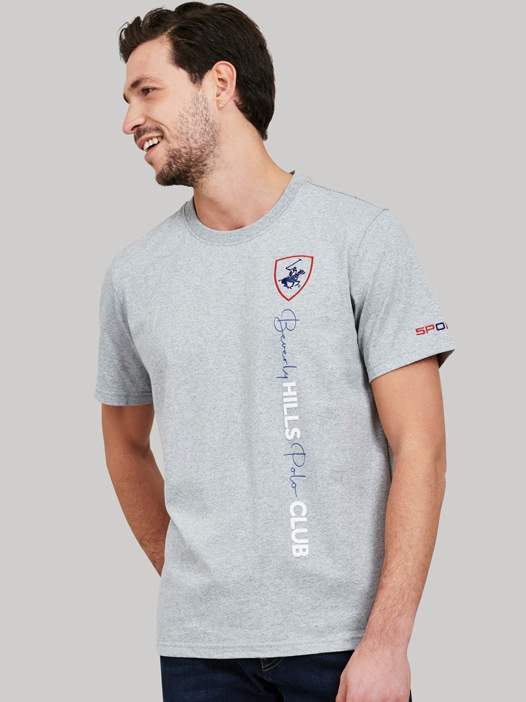 

Beverly Hills Polo Club Men Grey Brand Logo Printed Round Neck T-shirt