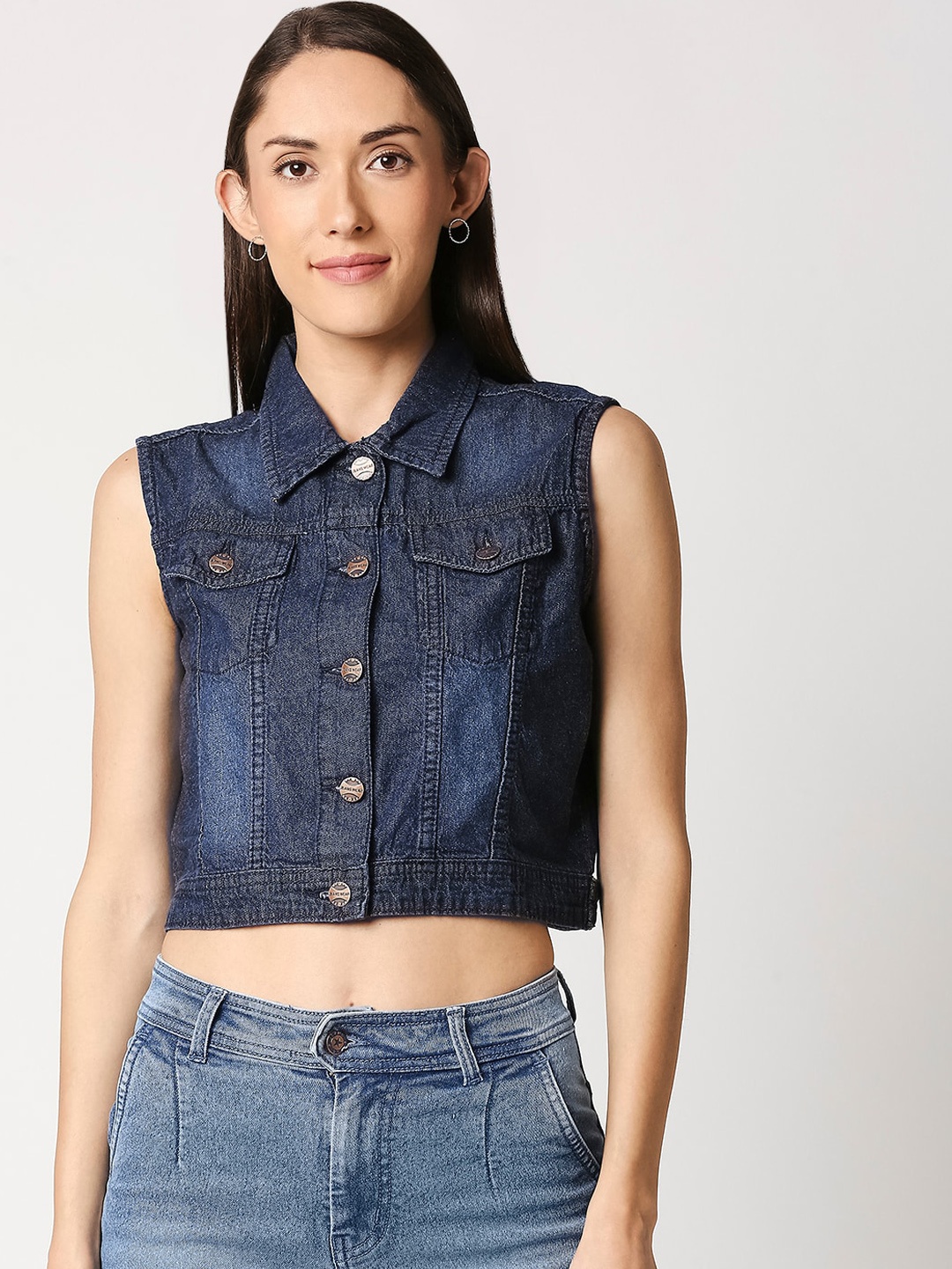 

High Star Women Blue Solid Lightweight Denim Jacket