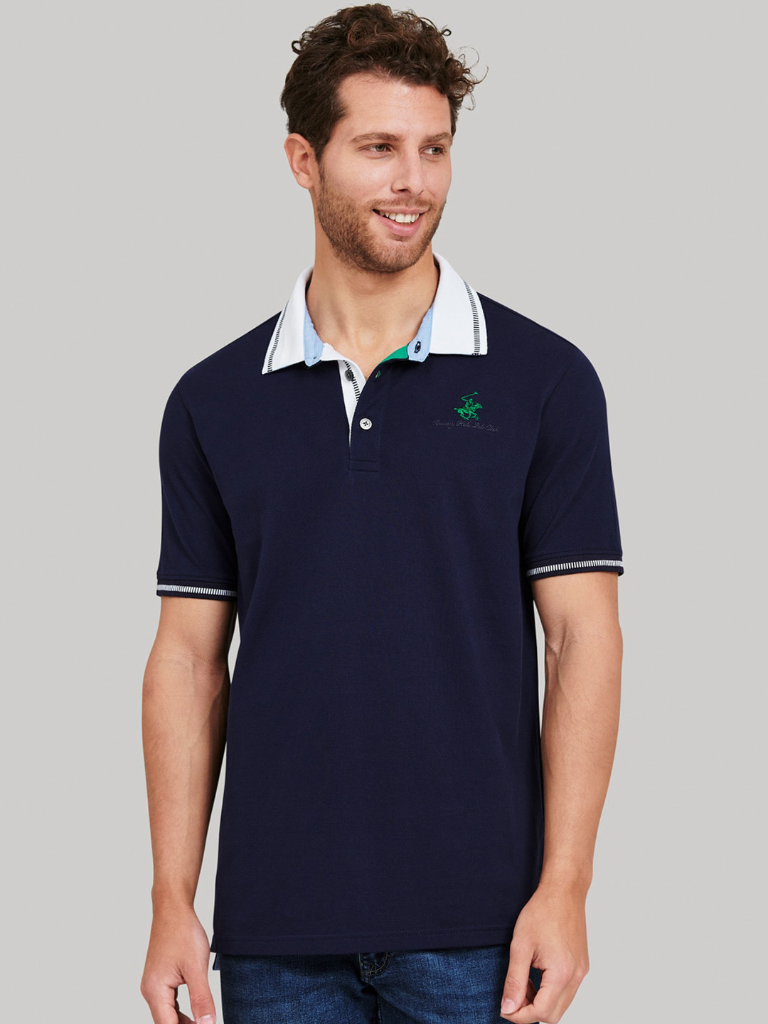 

Beverly Hills Polo Club Men Navy Blue Solid Polo Collar T-shirt