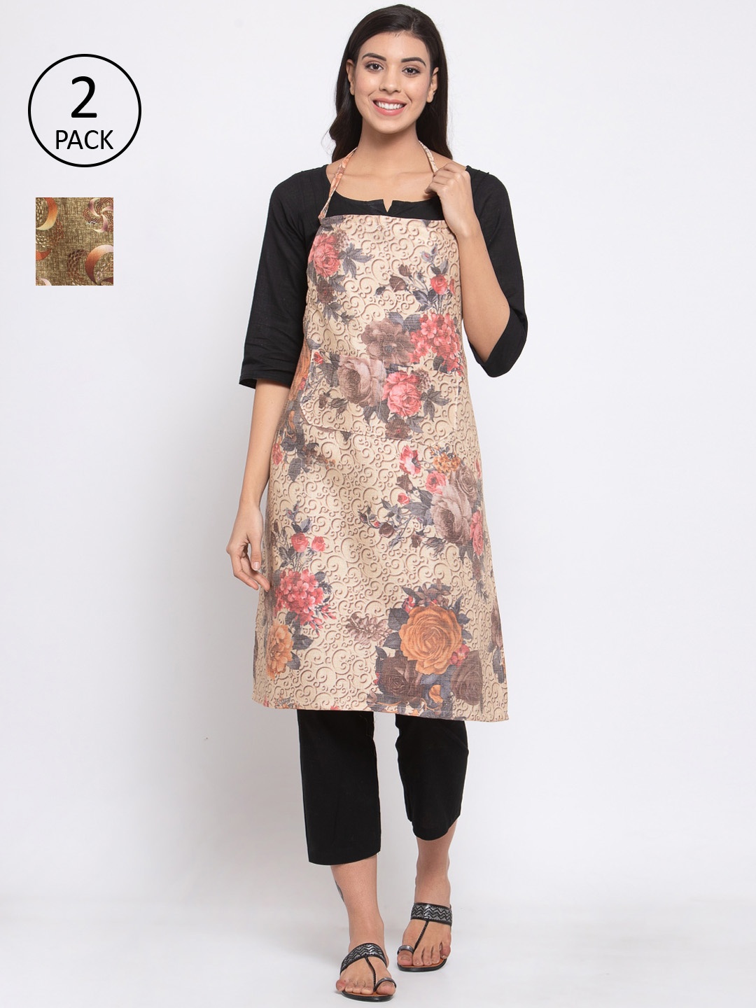 

KLOTTHE Unisex Pack Of 2 Cotton Printed 210 TC Aprons, Beige