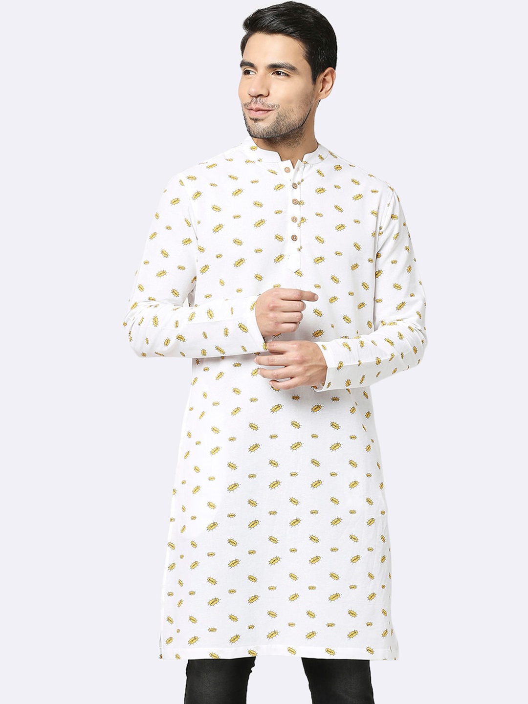 

Bewakoof Men White & Yellow Quirky Printed Kurta