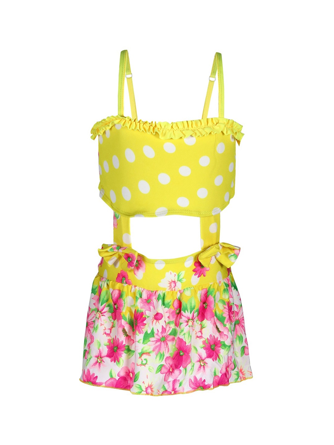 

PASSION PETALS Girls Yellow & Pink Printed Swimming Dress