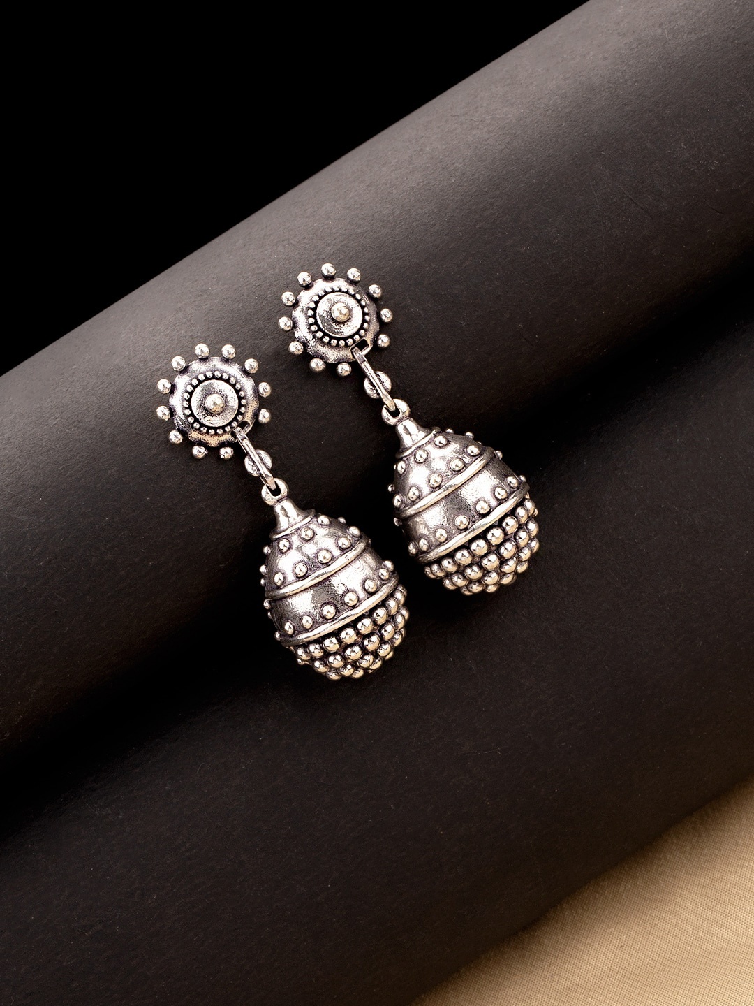 

Voylla Silver-Toned Oxidized Circular Drop Earrings