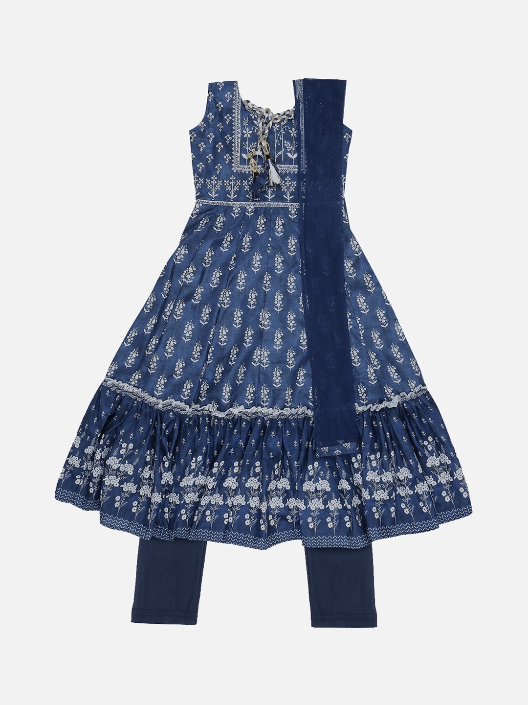 

SALWAR STUDIO Girls Navy Blue Printed Kurta with Churidar & Dupatta