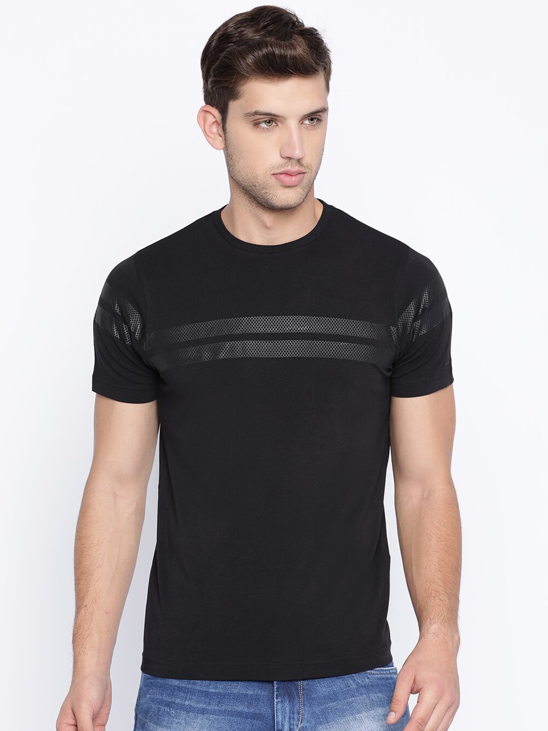 

Basics Men Black Self Design Round Neck T-shirt