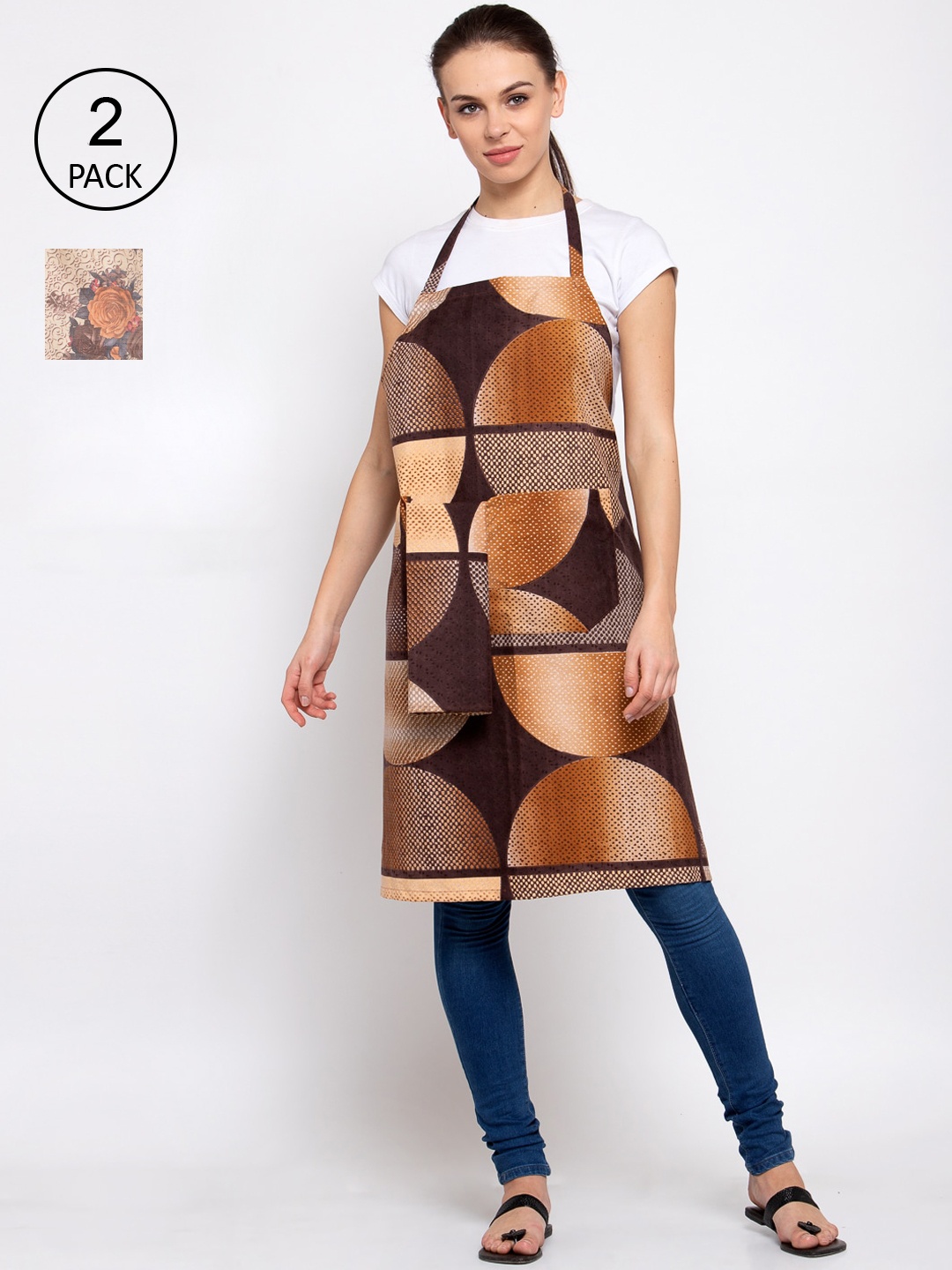 KLOTTHE Pack Of 2 Printed 210 TC Cotton Aprons, Beige