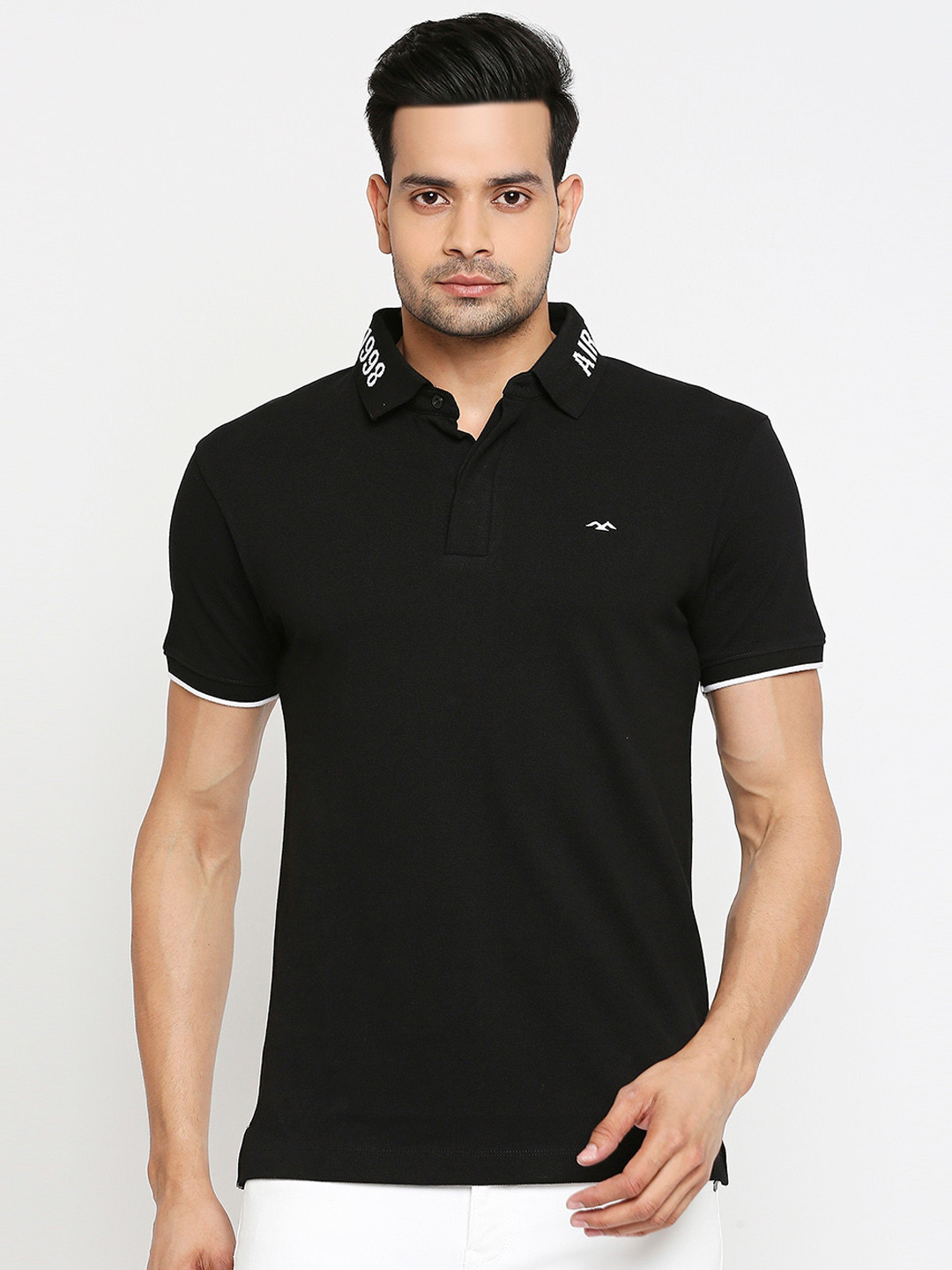 

Mufti Men Black Solid Polo Collar Cotton Pure Cotton T-shirt