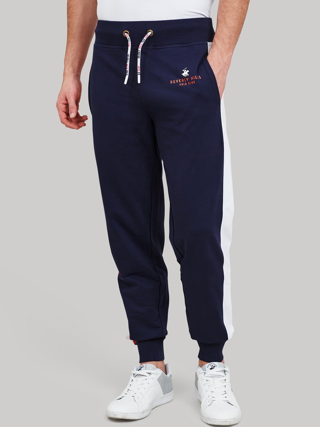

Beverly Hills Polo Club Men Navy Blue Solid Joggers with Printed & Side Striped Detail