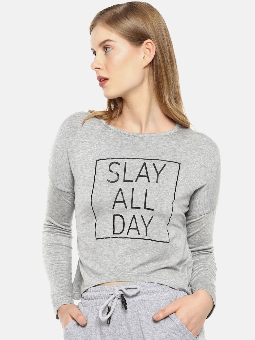 

Campus Sutra Grey Printed Pure Cotton Regular Crop Top