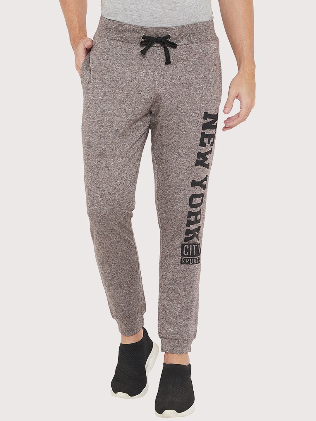 

Austin wood Men Brown & Black Typography Print Cotton Slim-Fit Joggers with Melange Effect