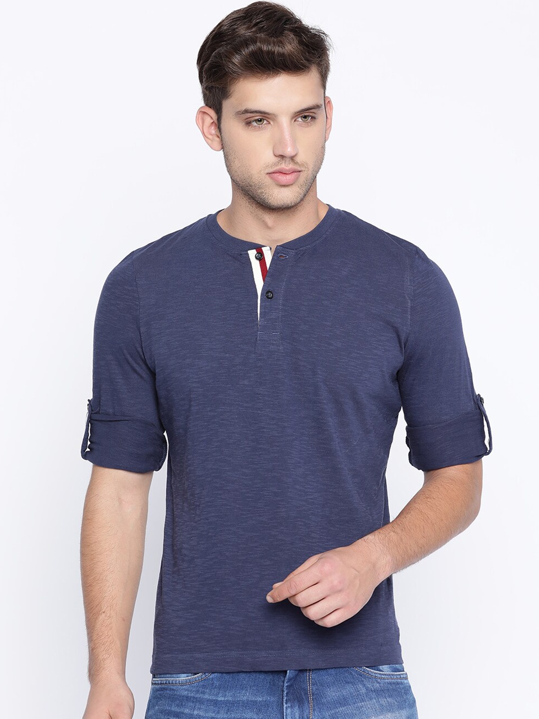 

Basics Men Navy Blue Solid Henley Neck T-shirt