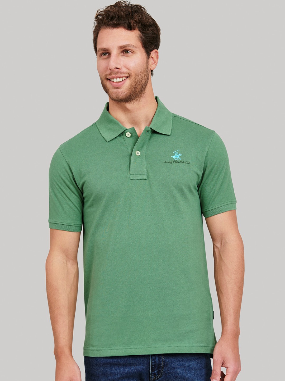 

Beverly Hills Polo Club Men Green Self Design Polo Collar T-shirt