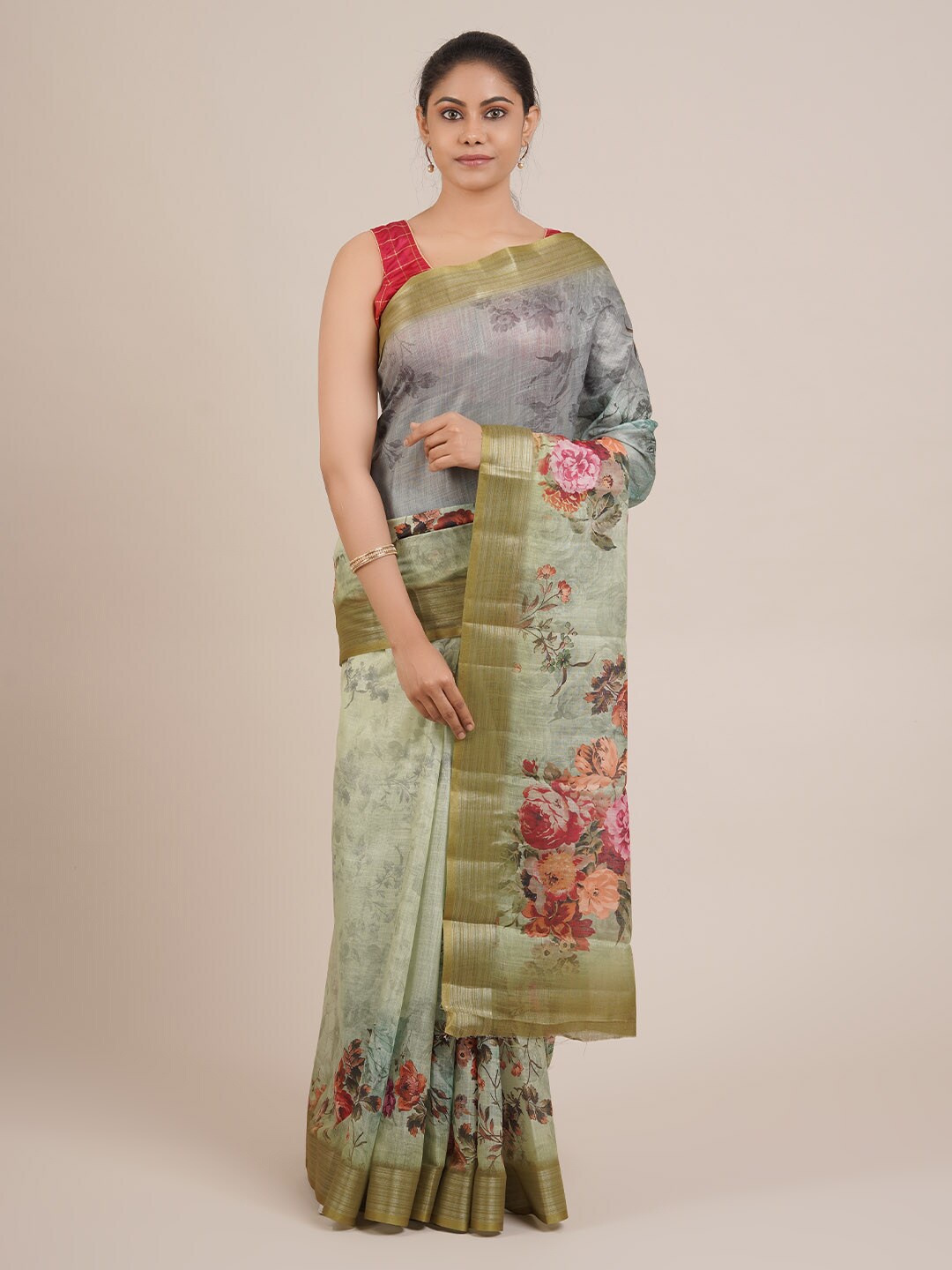 

Pothys Green Floral Printed Linen Blend Saree