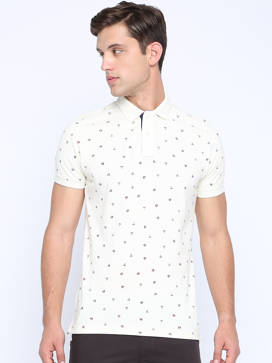 

Basics Men Beige Printed Cotton Polo Collar T-shirt