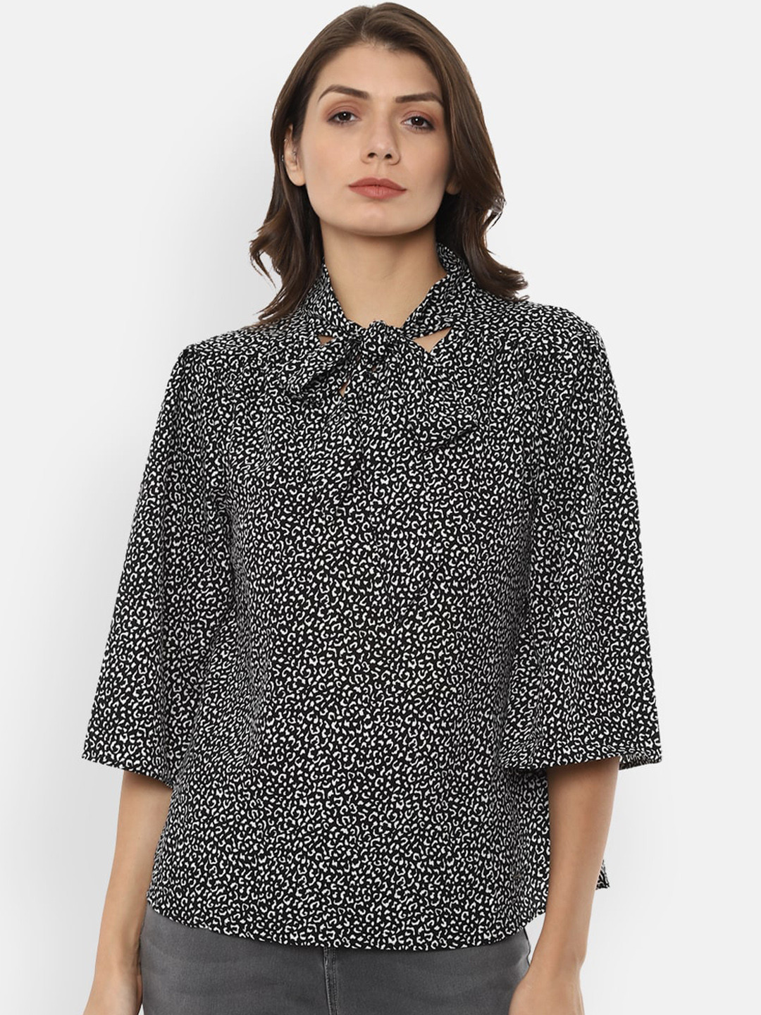 

Van Heusen Woman Black & White Printed Tie-Up Neck Regular Top