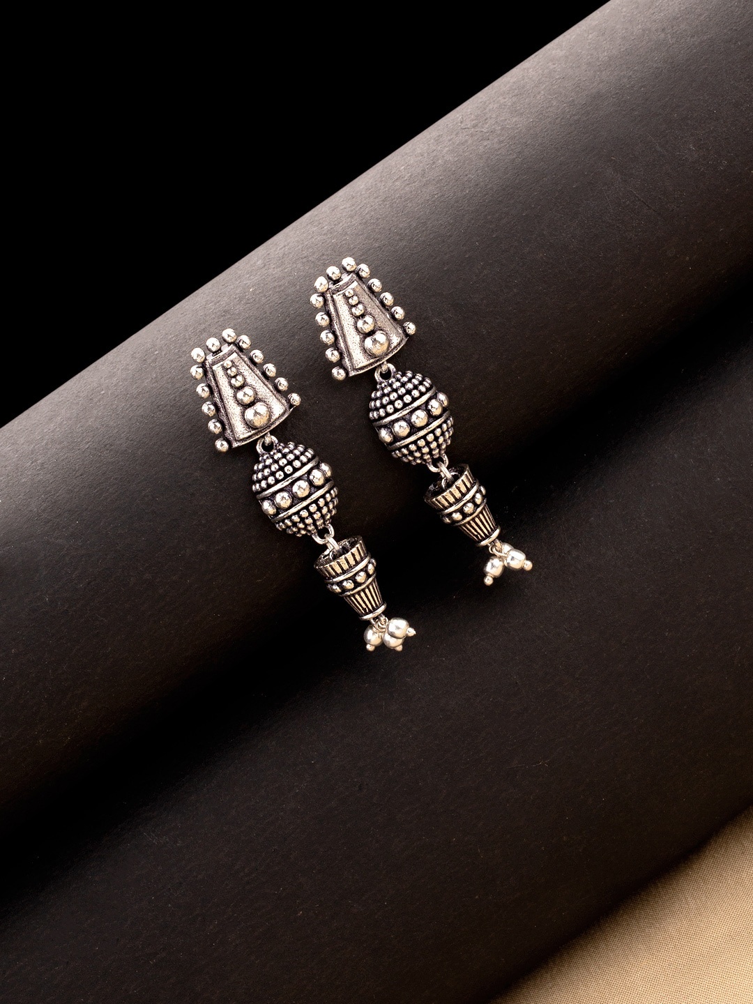 

Voylla Silver-Toned Oxidized Contemporary Drop Earrings