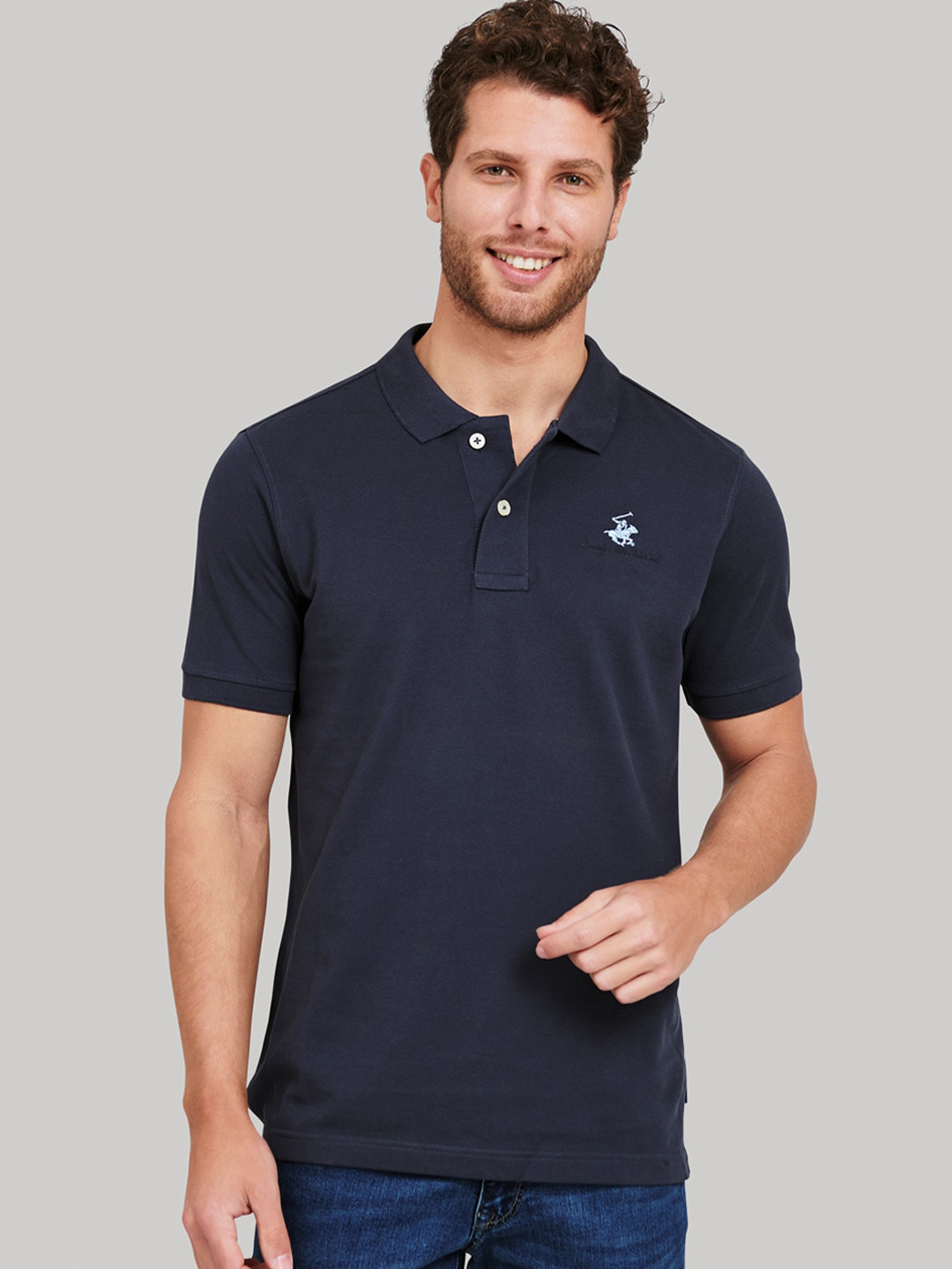 

Beverly Hills Polo Club Men Navy Blue Solid Polo Collar T-shirt
