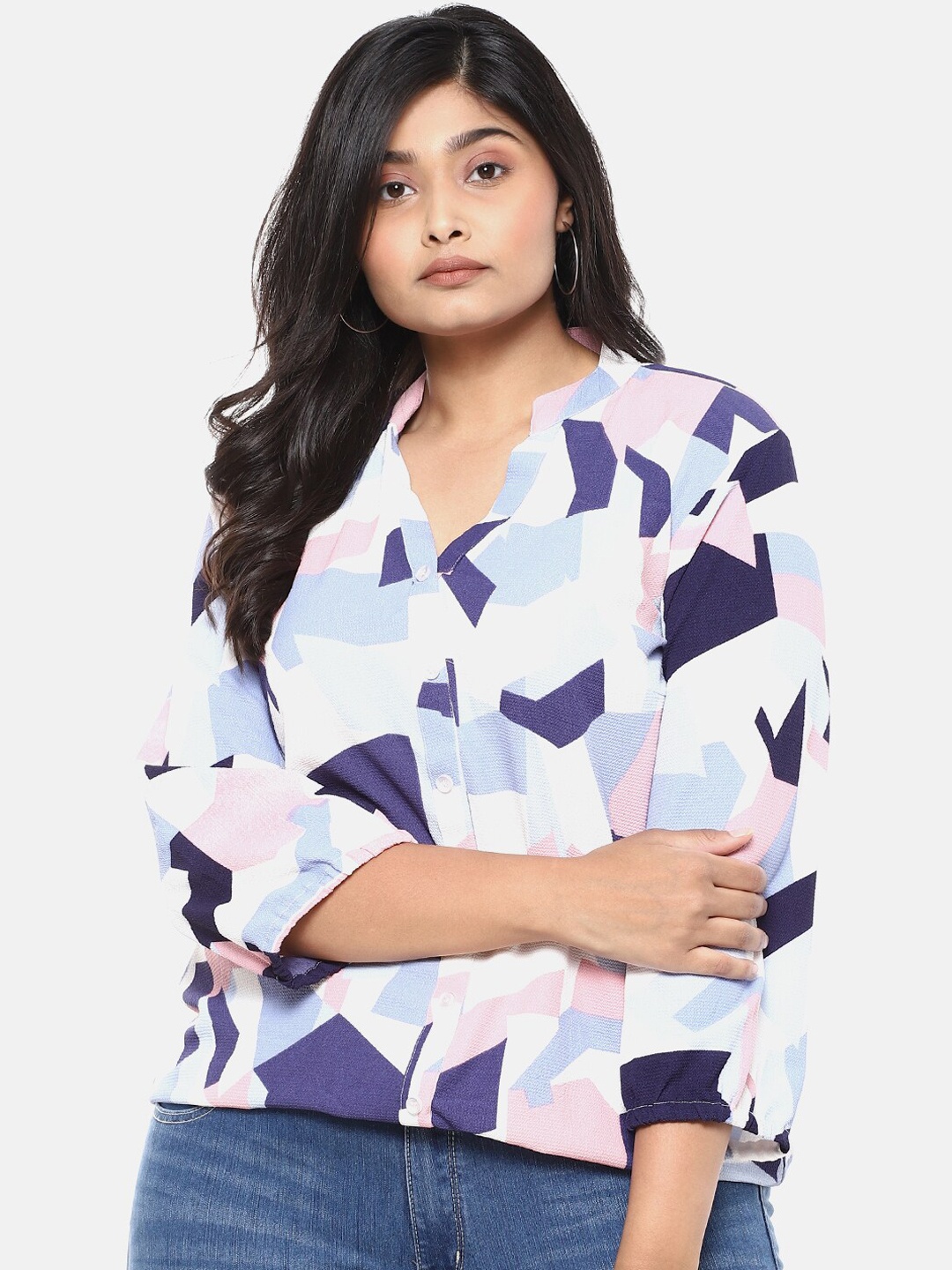 

Instafab Plus White & Blue Printed Mandarin Collar Crepe Shirt Style Top