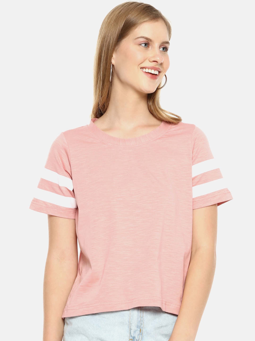 

Campus Sutra Pink Striped Pure Cotton Regular Top