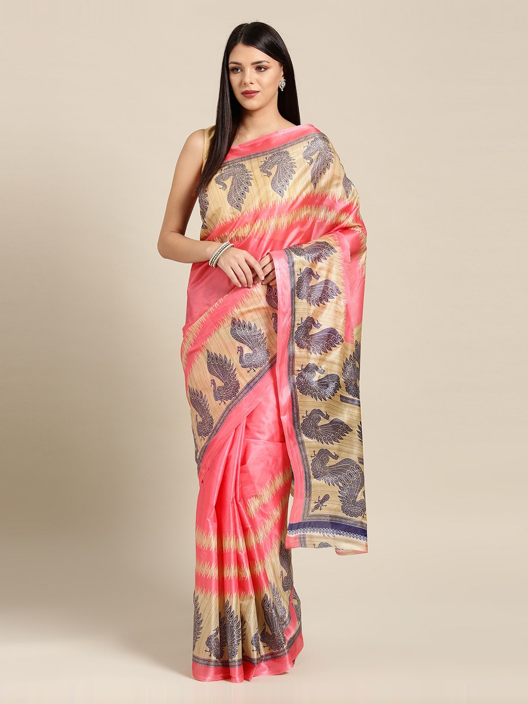 

Chhabra 555 Pink & Beige Poly Silk Printed Bhagalpuri Saree