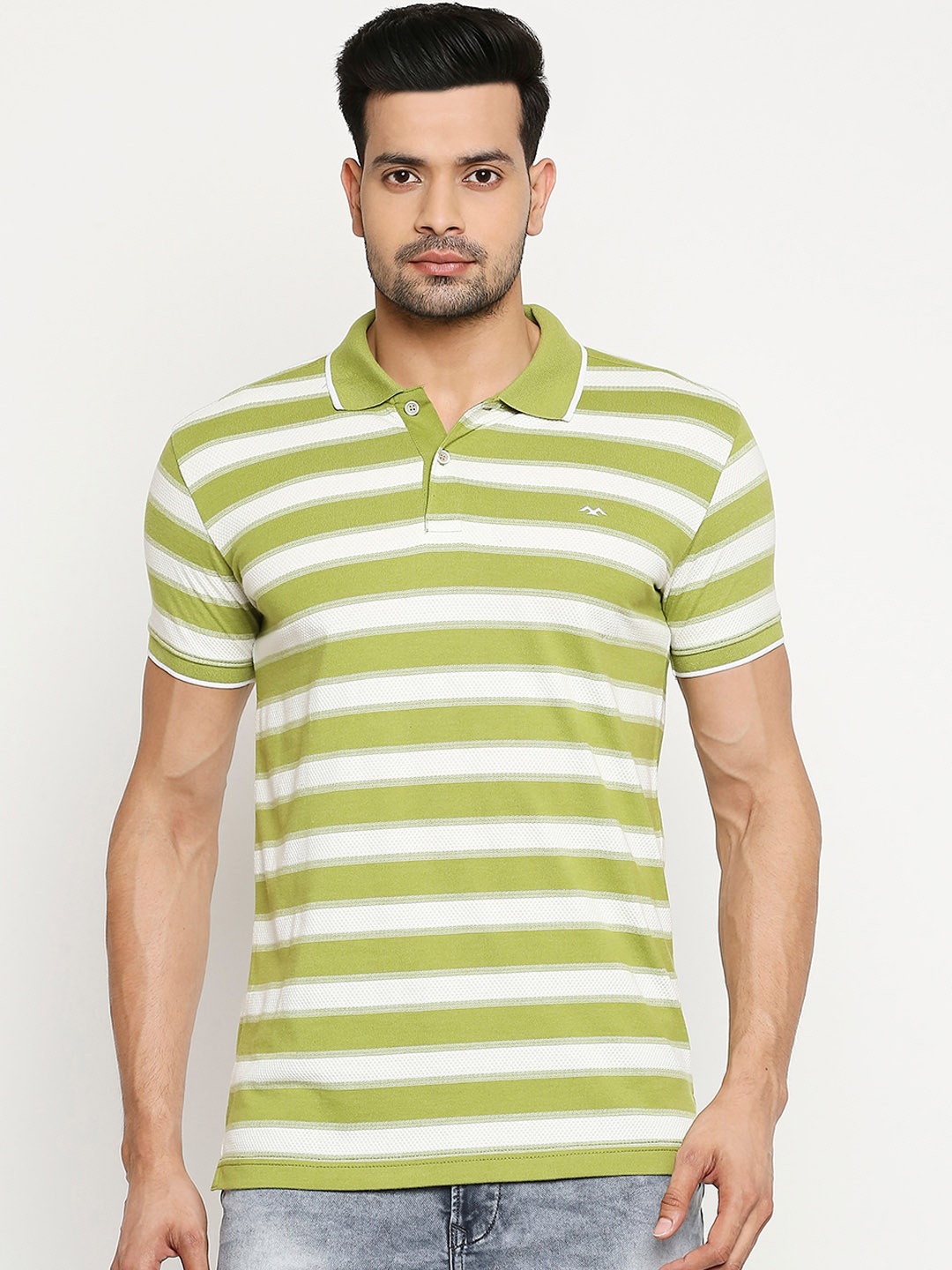 

Mufti Men White Striped Polo Collar T-shirt