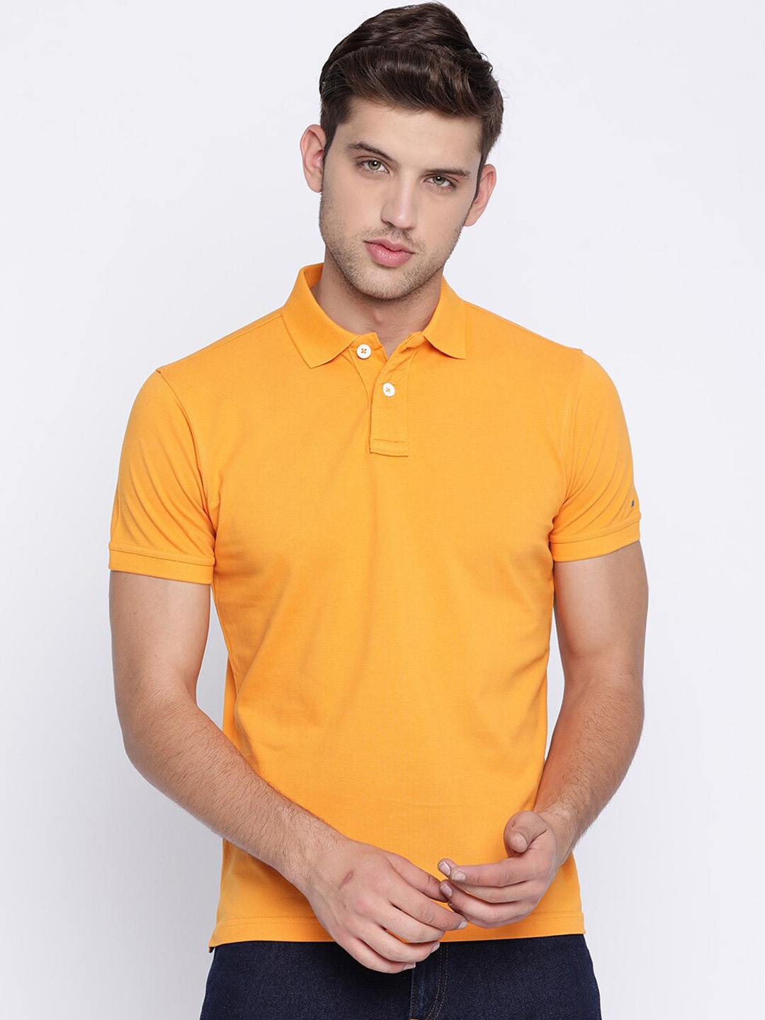 

Basics Men Orange Solid Polo Collar T-shirt