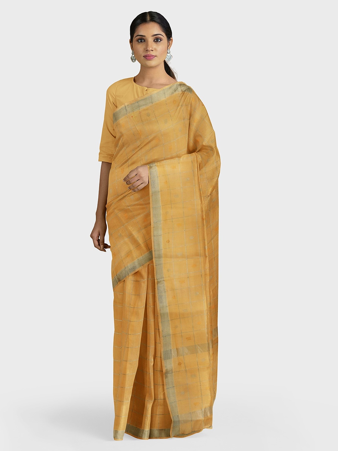 

APCO Yellow Pure Cotton Checked Venkatgiri Saree