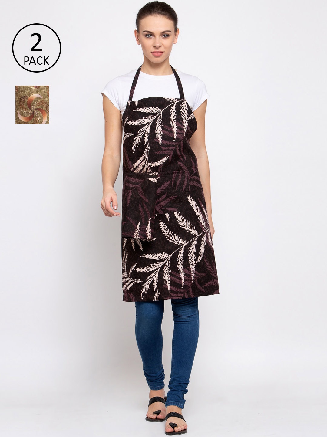 

KLOTTHE Pack Of 2 Printed 210 TC Cotton Aprons, Beige