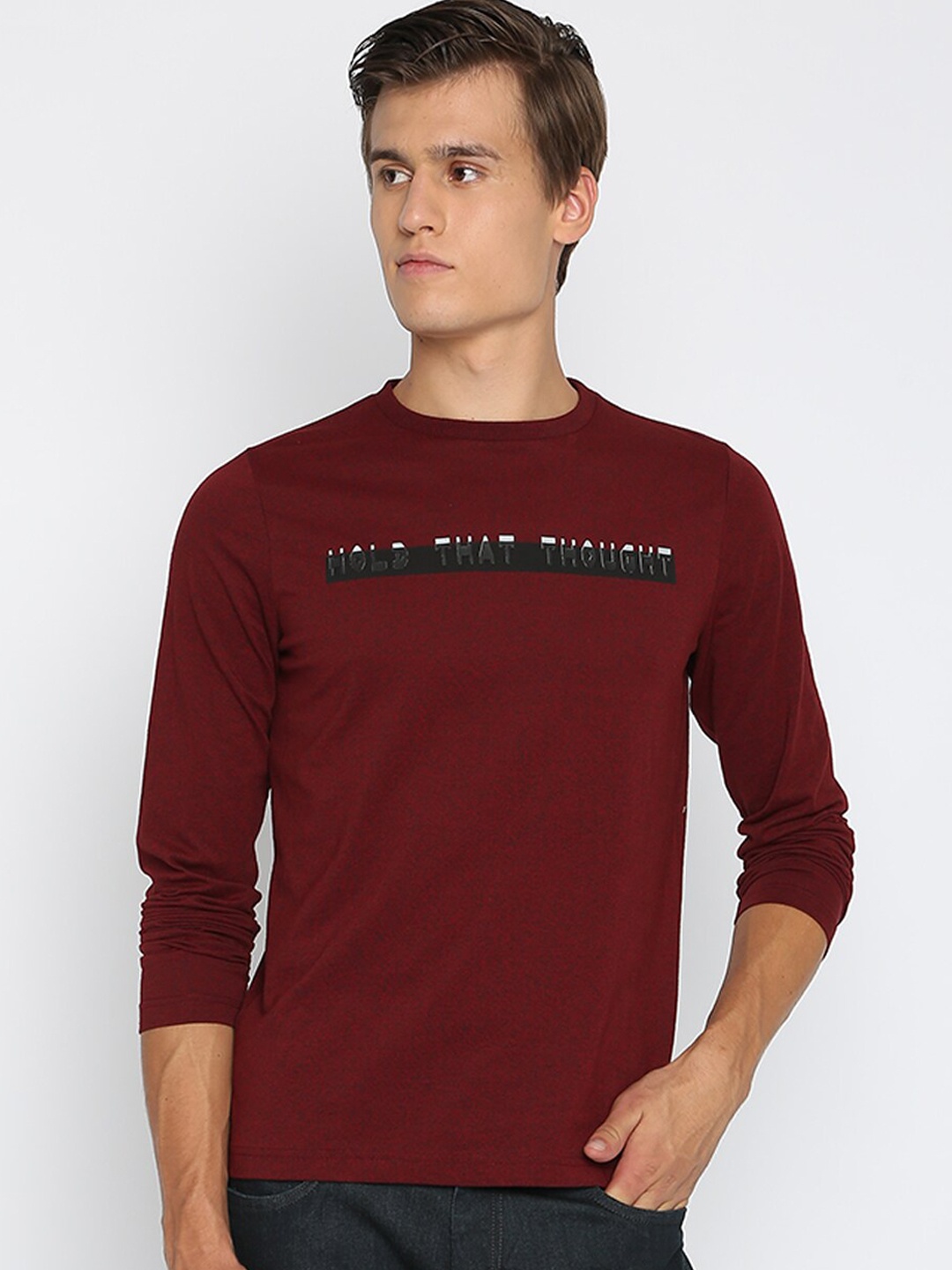 

Basics Men Maroon Printed High Neck T-shirt