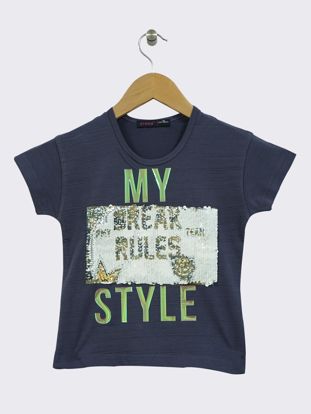 

Ziama Girls Grey & Green Sequin Embellished Round Neck Pure Cotton T-shirt