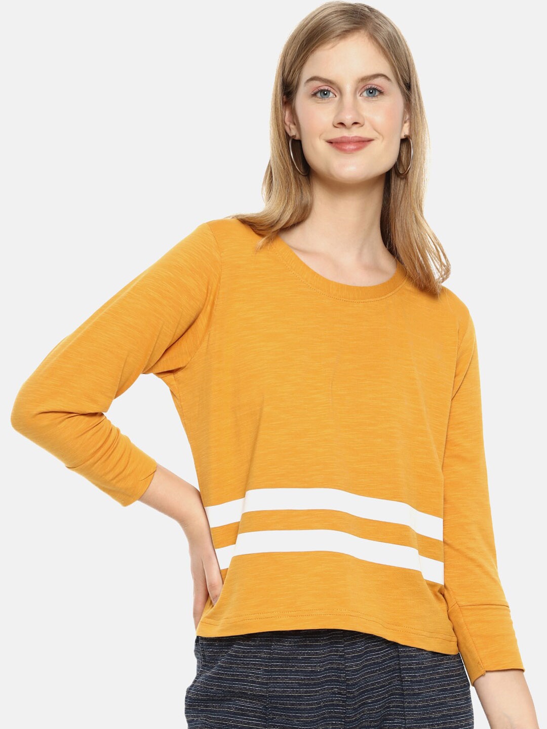 

Campus Sutra Mustard Striped Pure Cotton Regular Top