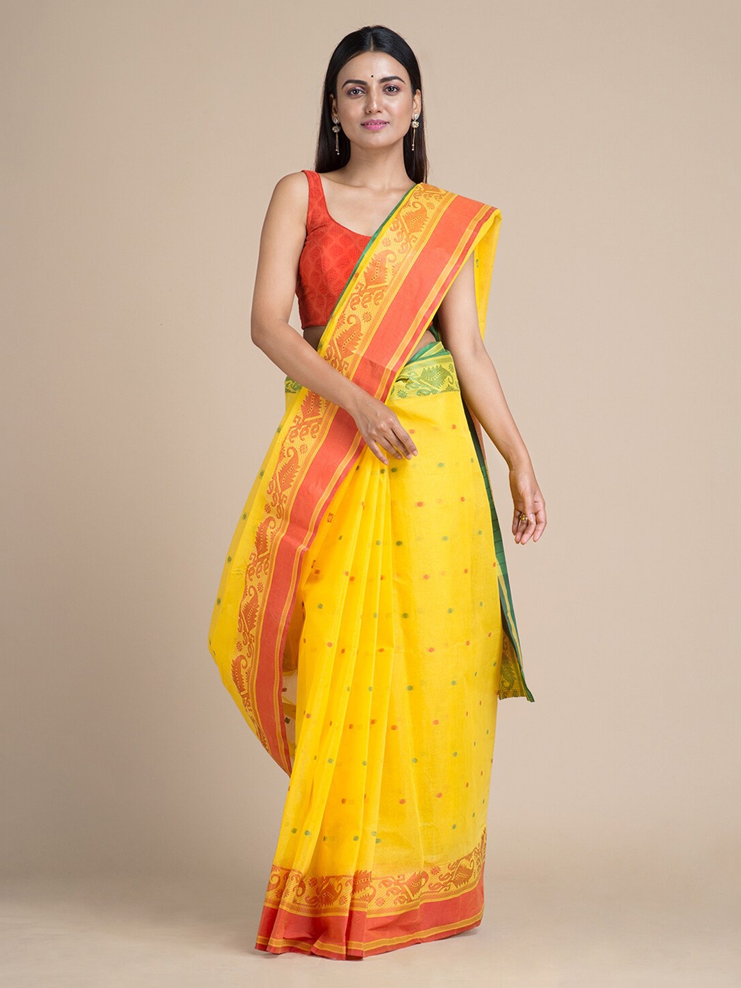 

Mitera Yellow & Red Pure Cotton Woven Design Taant Saree